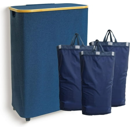 160L 3-Section Laundry Hamper with Lid and Wheels, Large Clothes Basket with Handles and Removable Bags, Durable Bamboo Frame Organizer for Bedroom, Bathroom, and Laundry Room – Blue