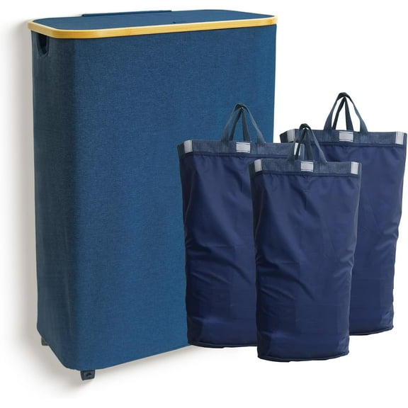 160L 3-Section Laundry Hamper with Lid and Wheels, Large Clothes Basket with Handles and Removable Bags, Durable Bamboo Frame Organizer for Bedroom, Bathroom, and Laundry Room – Blue