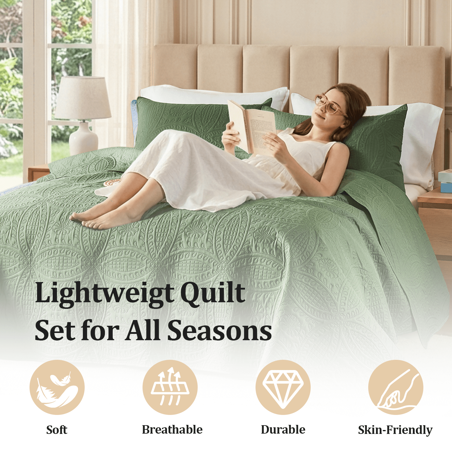 Flymme Dark Green Bedspread for Queen Size Beds,3 Piece Soft Thin Quilt Bedding Set with Pillow Sham Modern Coin Pattern Coverlet for All Season