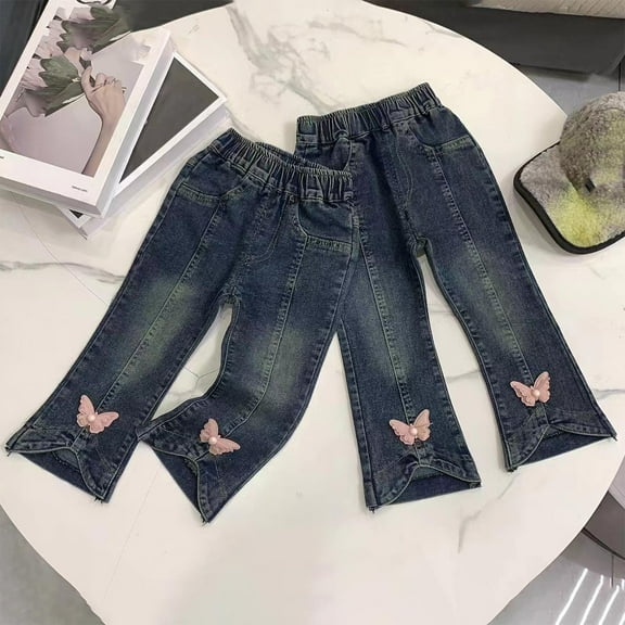 HAOTAGS Girls Leg Denim Jeans, Loose Straight Casual Fall Pants Bowknot Decoration Navy 2 T