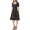 thumbnail image 4 of Allegra K Women's Floral Square Neck Midi Smocked A-Line Dress, 4 of 6