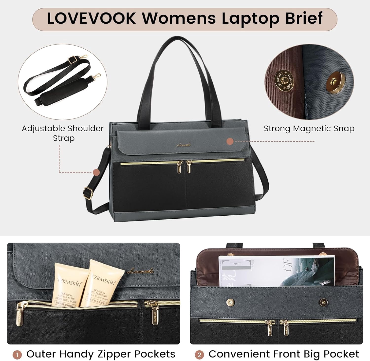 LOVEVOOK Laptop Bag for Women 15.6 Inch Tote Work Professional Leather Computer Briefcase Waterproof Handbag Shoulder Large Capacity Business Teacher Office Crossbody Purse