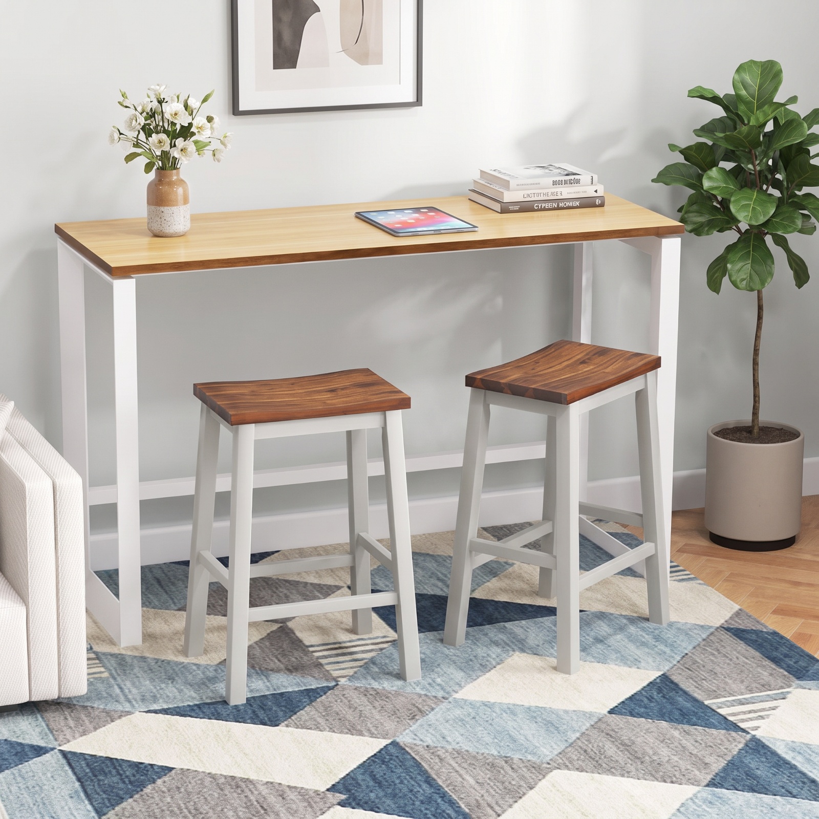 Furnibear 24.5-Inch Set of 2 Saddle Stools Bar Stools with Footrests for Kitchen Island-Walnut & Gray for Kitchen Island Counter Bar Pub, White