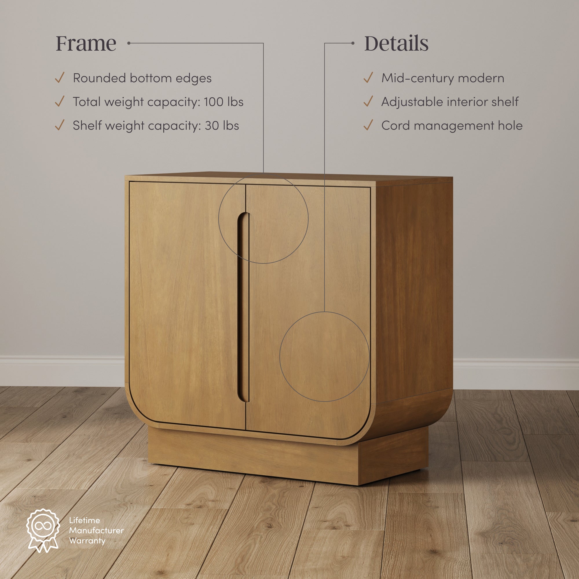 Nathan James Joey Mid Century Modern Storage Cabinet, Arched Accent Cabinet with Rounded Bottom Edges and Integrated Door Pull Cutouts, Light Brown