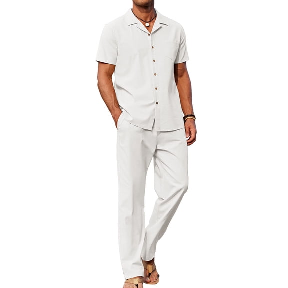 Mens Casual Linen 2 PC Outfit Set Cotton Beach Pant Guayabera Shirts (White,L)