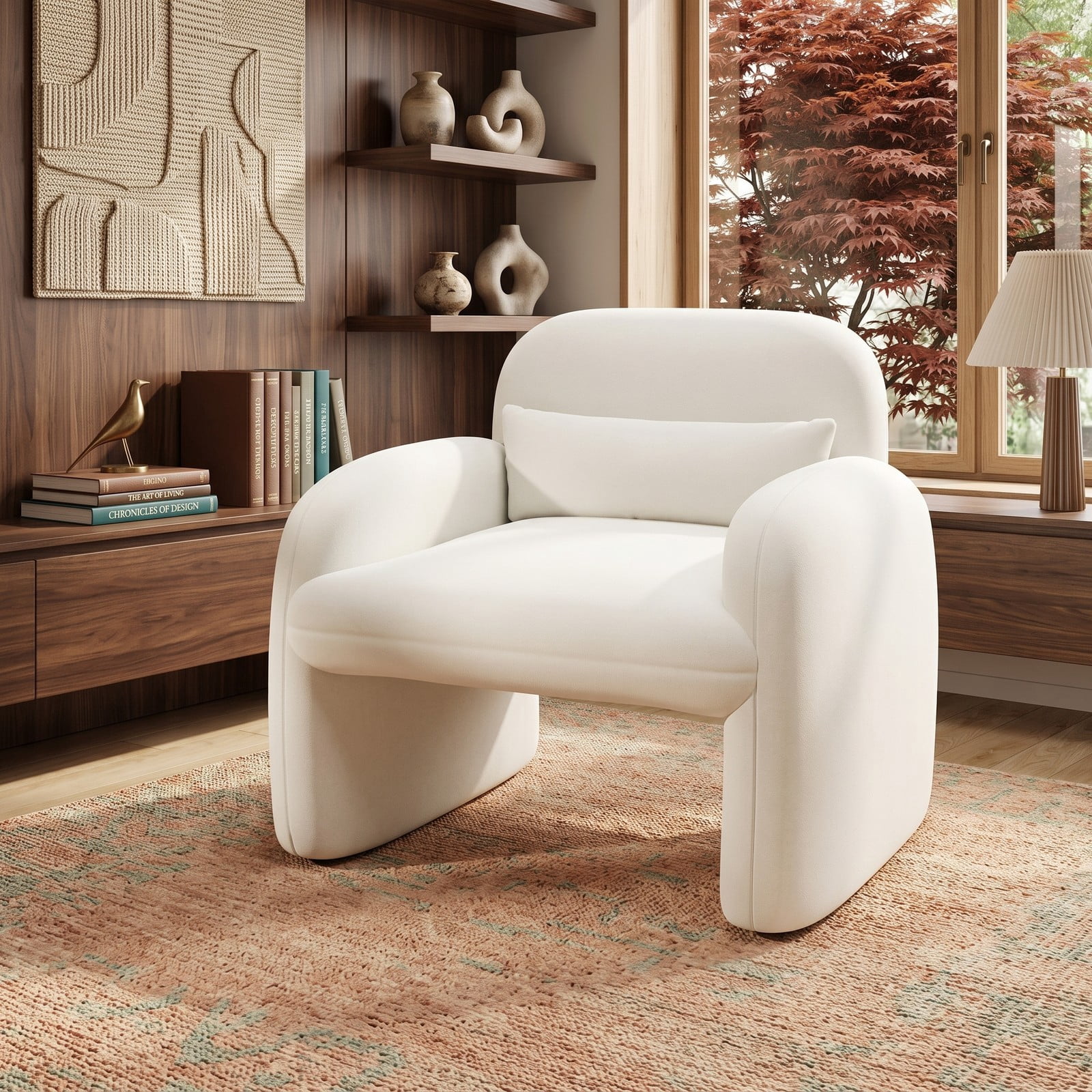 Furnibear Modern Accent Chair with Waist Pillow and Soft Armrests, Sherpa Upholstered Single Sofa Lounge Chair for Living Room, Bedroom, Office, 440 lb Weight, Beige