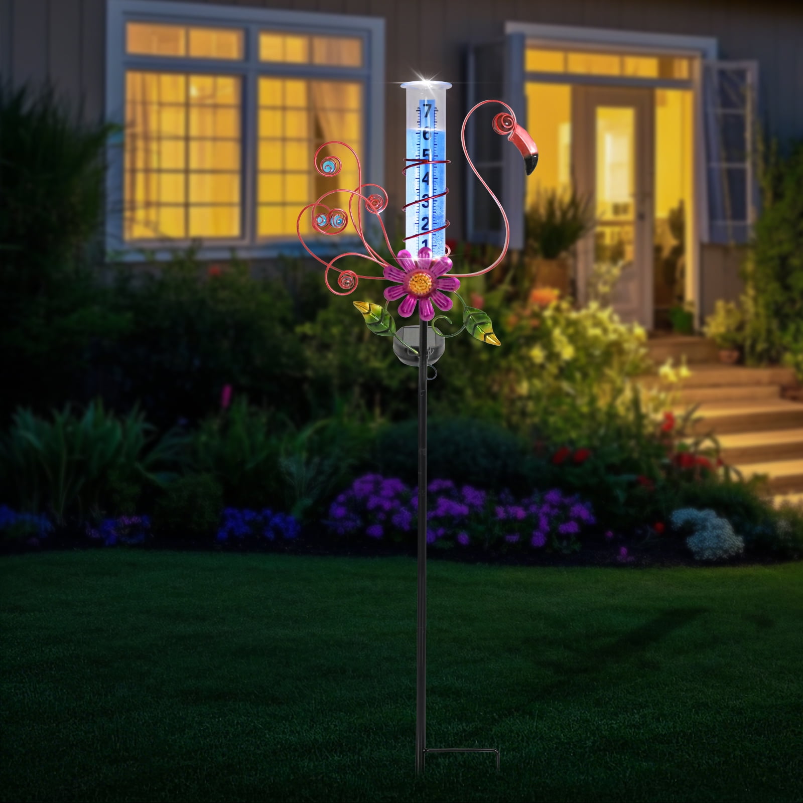 Solar Rain Gauge Waterproof Flamingo Rain Gauge With LED Light For Patio, Path And Garden Decoration, Outdoor Decoration