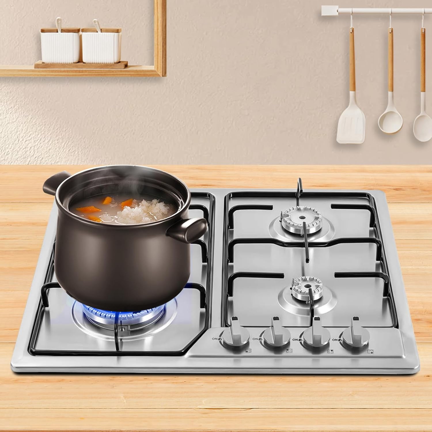 Miumaeov Built in Gas Cooktop Stainless Steel Stove Thermocouple Protection, For Domestic or Commercial Cooking in Homes or Restaurants