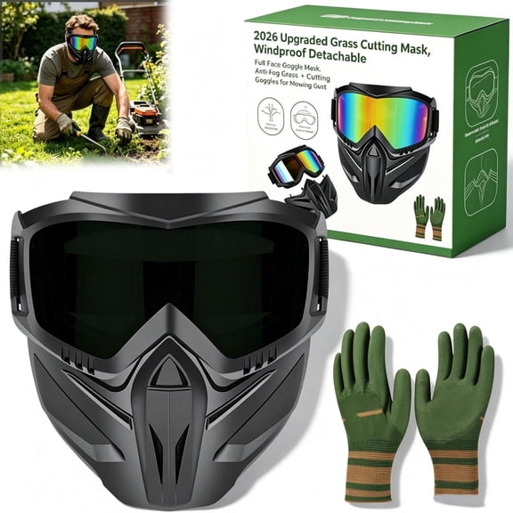 2026 Upgraded Grass Cutting Mask, Anti-Fog Detachable Full Face Goggle Mask, Windproof Grass Cutting Goggles for Mowing Grass, Dust