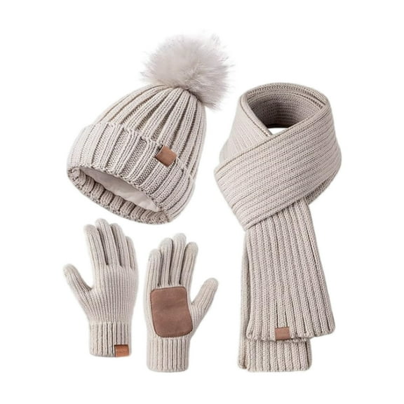 European Winter Knitted Warm Gloves Hats Scarves Three Piece Set with Thick Velvet and Hat