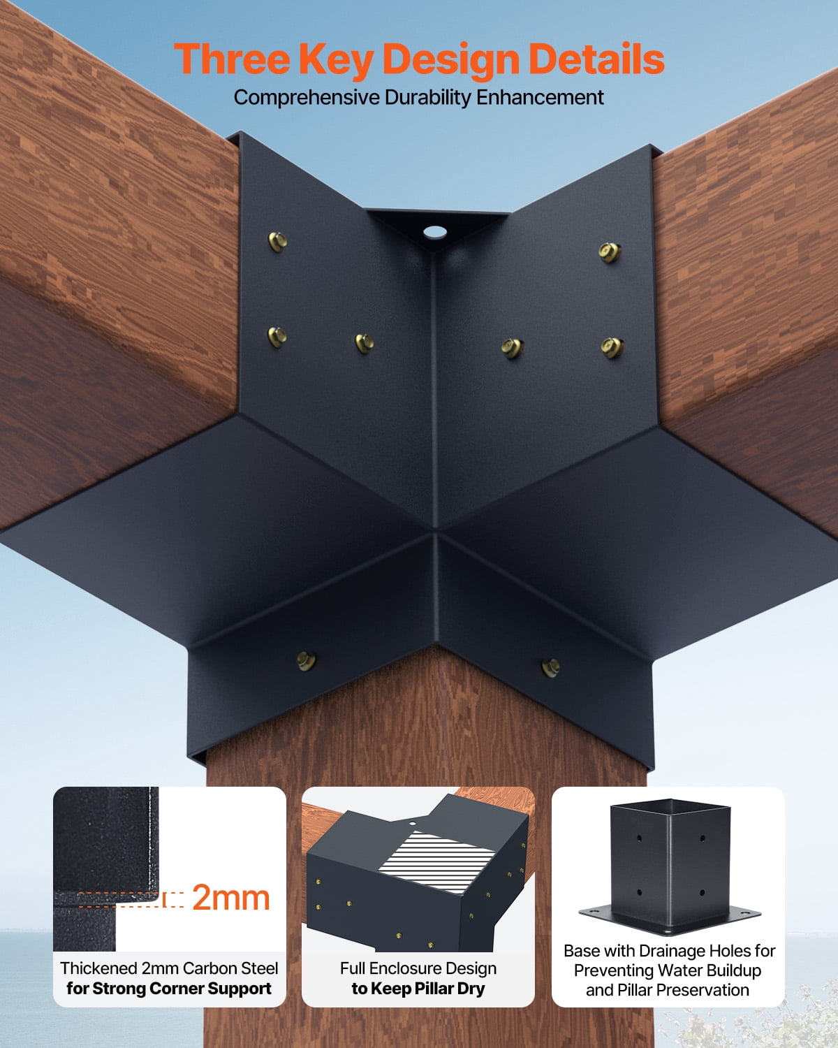 VEVOR Pergola Bracket Kit, 4x4 inch (Inner Size 3.5x3.5), 4 Pcs 3-Way Heavy Duty Corner Bracket Woodworks DIY Post Base Kit, Easy Installation Wooden Beams for Gazebos, Patio Pergolas, Log Cabin