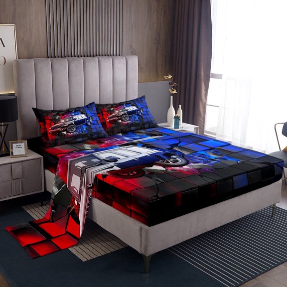 Erosebridal Racing Car Sheet Set Twin,Geometric Buffalo Bedding Sets Twin Size,Blue Red Twin Sheet Sets,Lightweight Car Room Decoration,3pcs