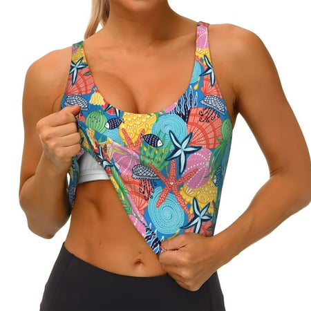 Qokaie Starfish And Algae Pattern Womens Scoop Neck Sports Bra Breathable Workout Vest Padded U Back Medium Impact Fitness Gym Yoga Bra Workout Crop Top