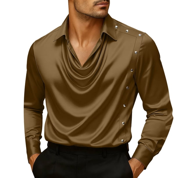 Ceisia Men Long-Sleeve Dress Shirt Silk with Silver Buttons Decoration Resisting Wrinkles Brown L Gift