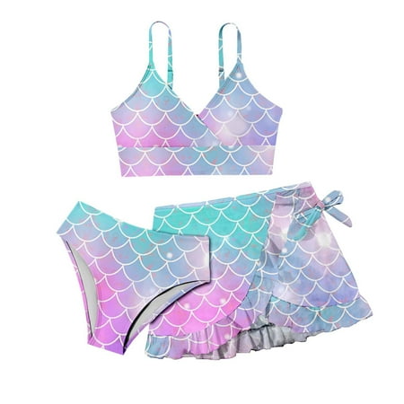 SHenli Girls Tankini Swimsuits Size 10-12 Rash Guard Teen Bikini Drawstring Bottoms Girls Tankini Swimsuit 3 Piece Ruffle Bathing Suit Cute Pattern Print Beach Swimwear