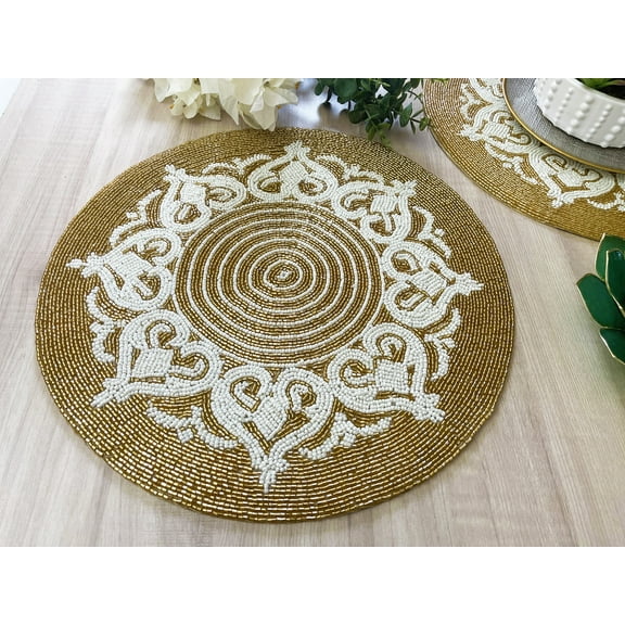 Set of 6, Handmade beaded placemat, Gold and White, bead charger, tablemat