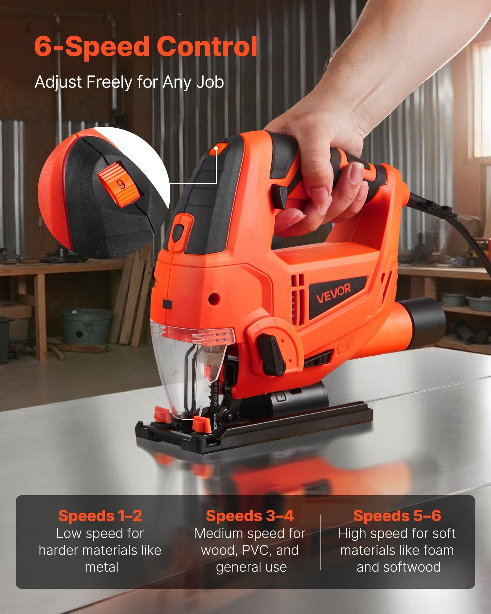 6.5 Amp 3000 SPM Electric Jigsaw with 6 Blades LED Light 6 Variable Speed 0-45 Degree Bevel Cuts 4 Orbital Settings for Wood and Metal Cutting