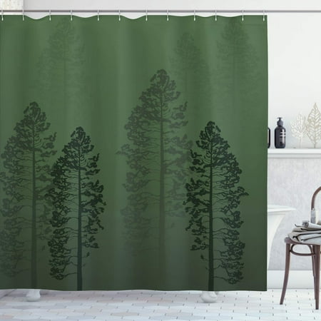 HTOOQ Country Shower Curtain, Pine Trees in The Forest on Foggy Seem ...