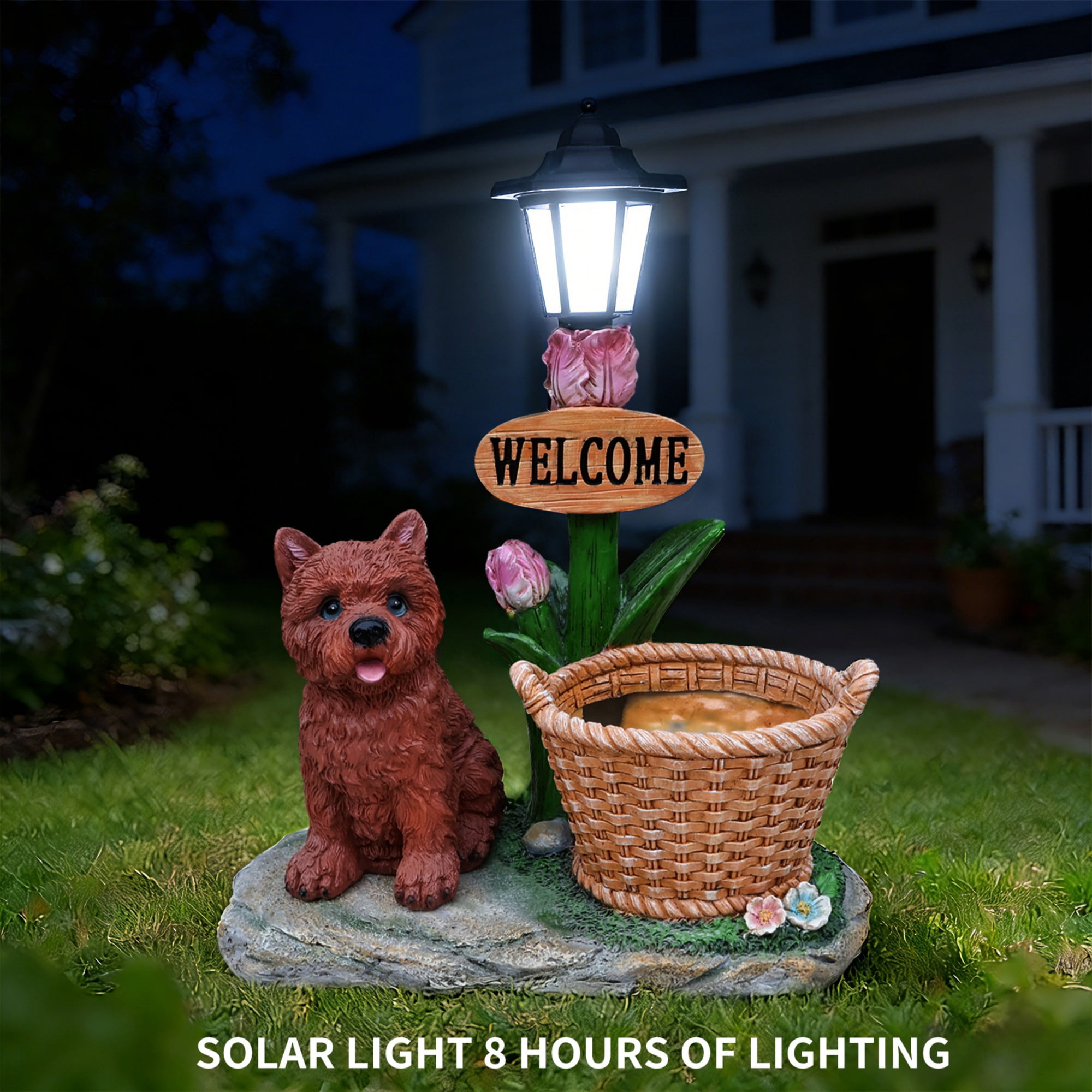 Sitting Puppy Solar Planter Statue, Brown Resin Garden Decor with LED Light for Yard Patio Balcony Outdoor