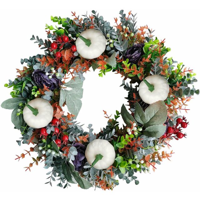 Corona de calabazas blancas, ranúnculo, hermosa decoración clásica de otoño para puerta de entrada de casa de campo, decoración de otoño para el hogar, Acción de Gracias