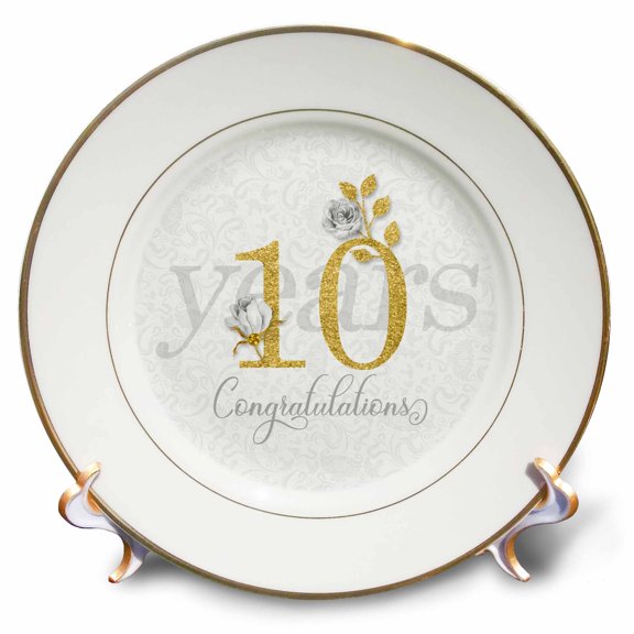 3dRose, 10th Wedding Anniversary or Business Anniversary Gold Text and Roses, 8 inch Porcelain Plate