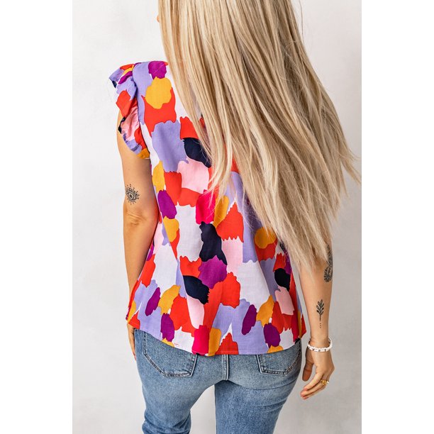 ABPHQTO Top estampado con cuello alto y volantes en la manga casquillo con volantes rojos para mujer