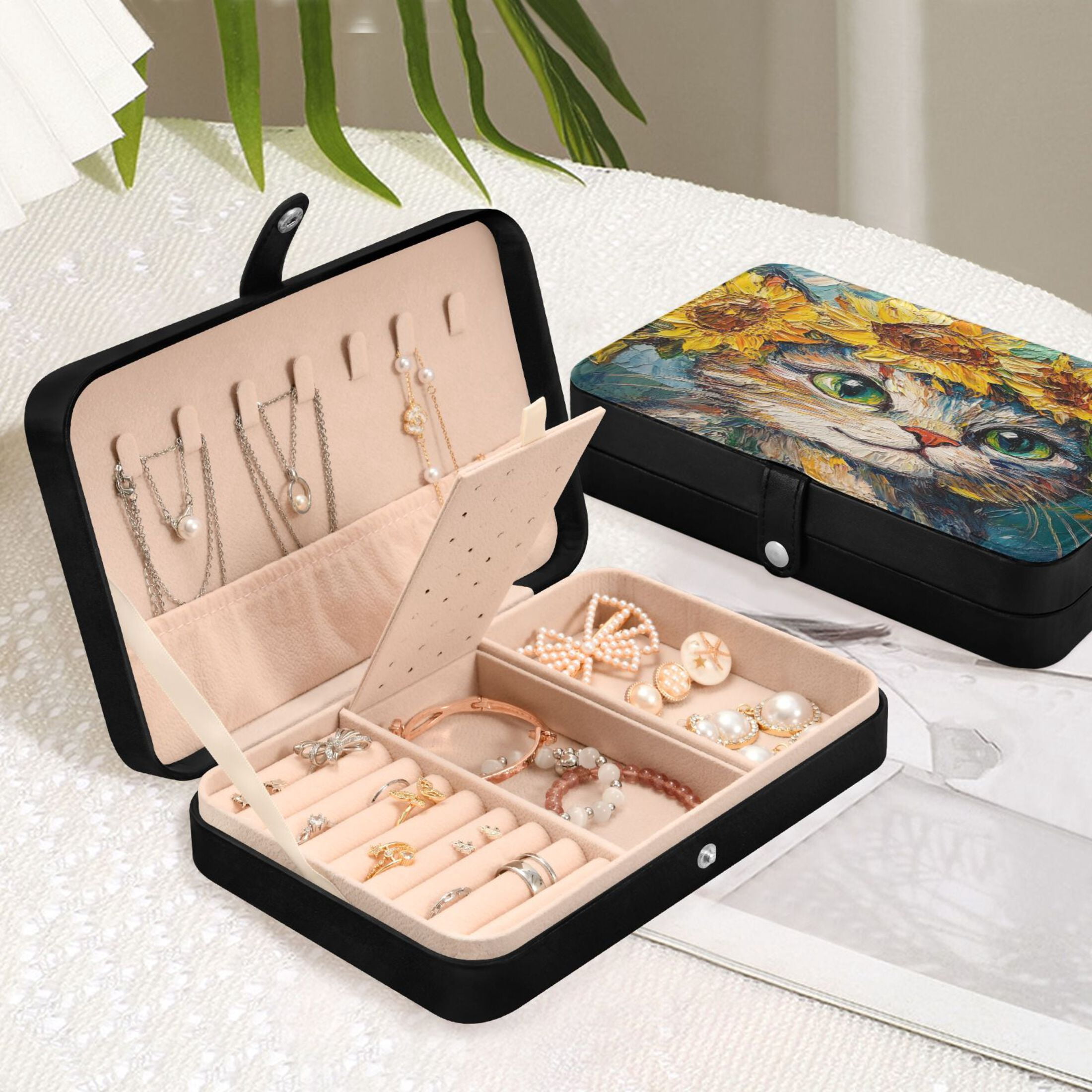 Leather Jewelry Box Rectangular 8.27x5.5x1.78In Travel Jewelry Storage Earrings Necklace Bracelet Watch Brooch Storage Cute Sunflower Cat