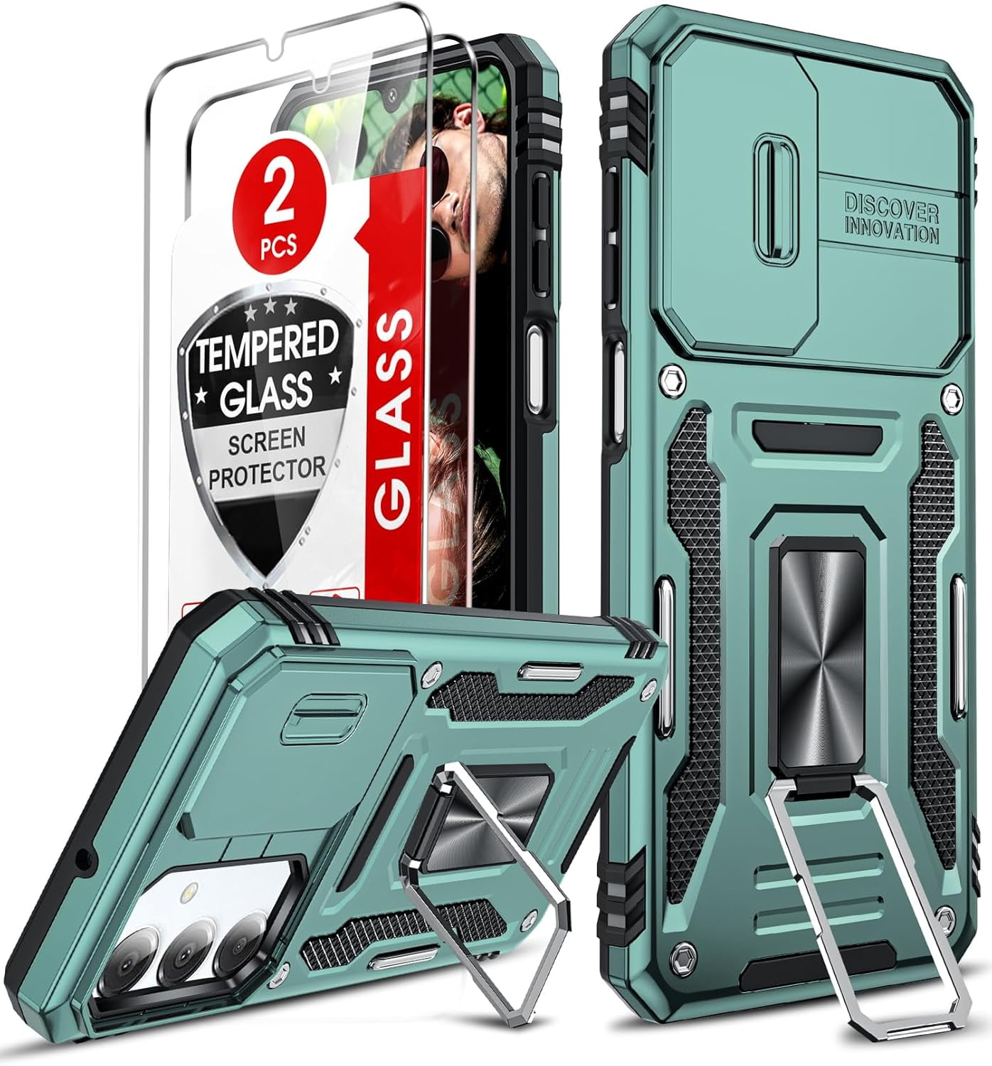 RGHJAR-for Samsung A17/16-5G Phone Case: A17 5G Screen Protector [2 Packs] with Galaxy A16 Case, Magnetic Kickstand, Heavy Duty Shockproof for Celular Android Phone Case A 16/A17 5G, Alpine Green
