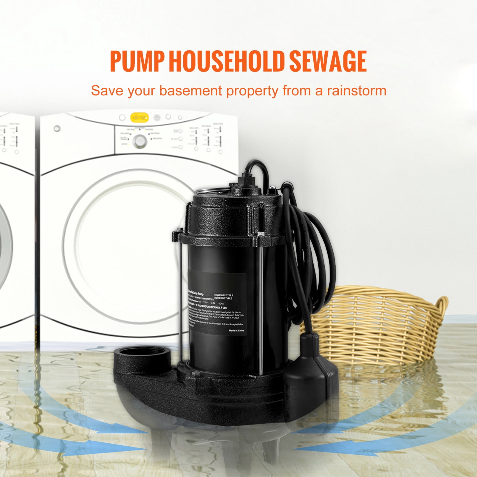 KFFKFF 3/4 HP Submersible Sewage Pump Water Pump, 5880 GPH Cast Iron Sump Pump, Comes with 2" Discharge and 10 ft Tandem Float Switch, Perfect for Septic Systems, Cellars, 1050W