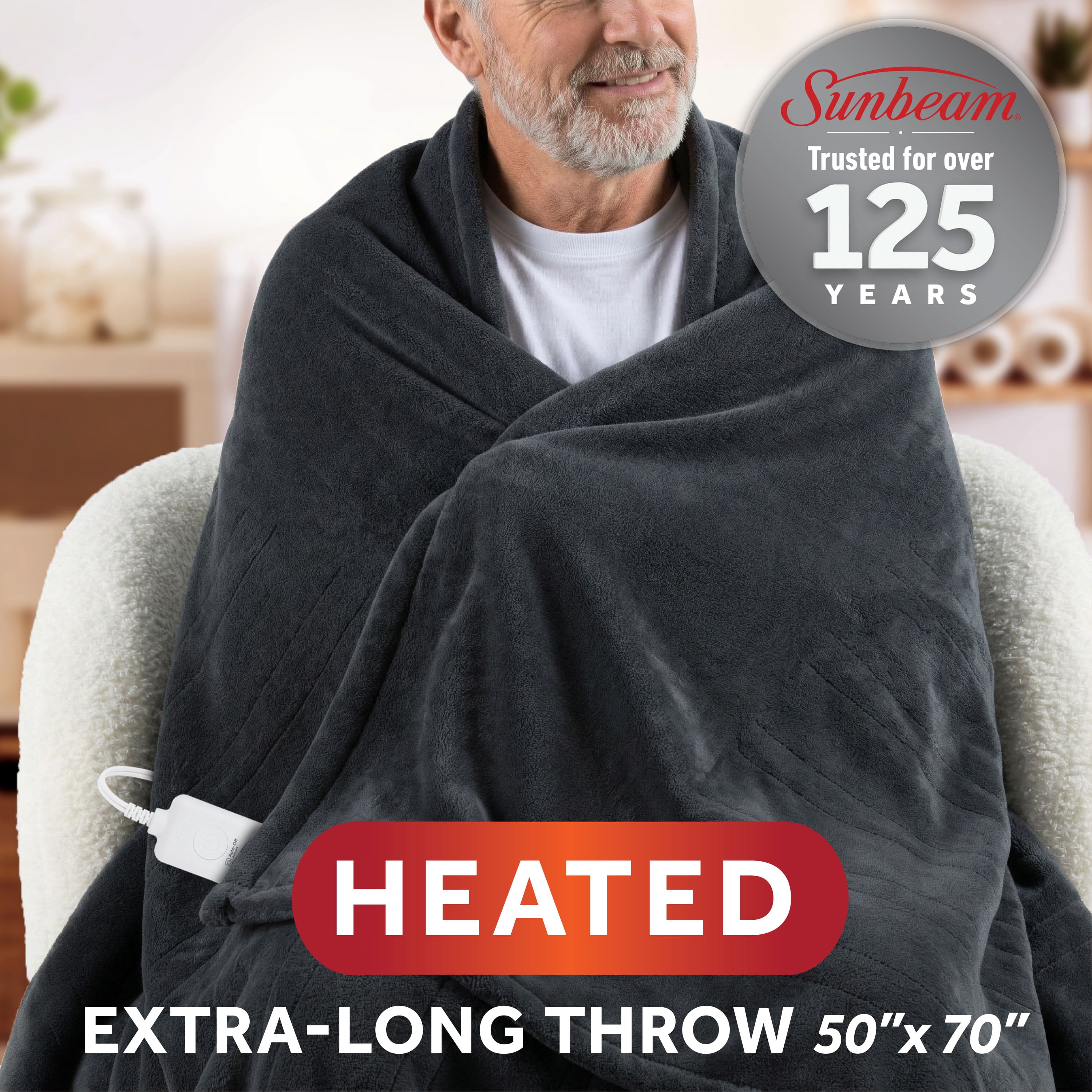 Sunbeam Heated Electric Microplush Faux Shearling Throw Blanket, 50 x 70 in, Greystone, 4 Heat Settings