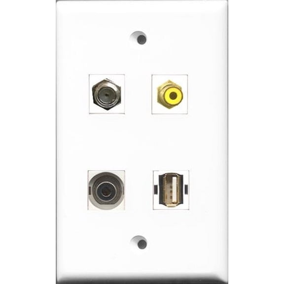 RiteAV 1 Port RCA Yellow and 1 Port Coax Cable TV- F-Type and 1 Port USB A-A and 1 Port 3.5mm Wall Plate