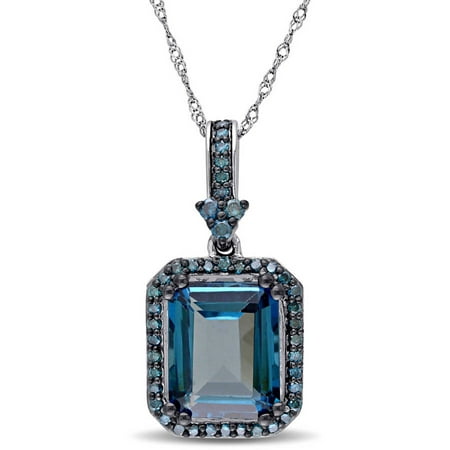 Tangelo 1/5 Carat T.G.W. Emerald-Cut London Blue Topaz and 1/3 Carat T.W Blue Diamond 14kt Blue Rhodium-Plated White Gold Halo Pendant, 17