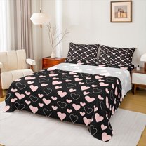Manfei Teens Kawaii Love Heart 4pcs Bed Sheets for Teens Boys Girls,Valentine's Day King Sheets,Black Pink Super Cozy Sheet Set,Microfiber Bedroom Decor