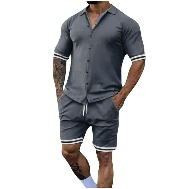 Mangas de Mano para Hombres, Color Sólido Botón de Solapa de Manga Corta Cardigan Y Pantalones Cortos Conjunto de Traje Deportivo Hecho de Poliéster, Conjunto de Traje para Hombre