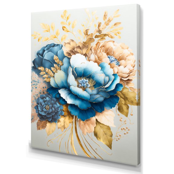 Designart Golden Blue Flower Arrangement II Canvas Wall Art