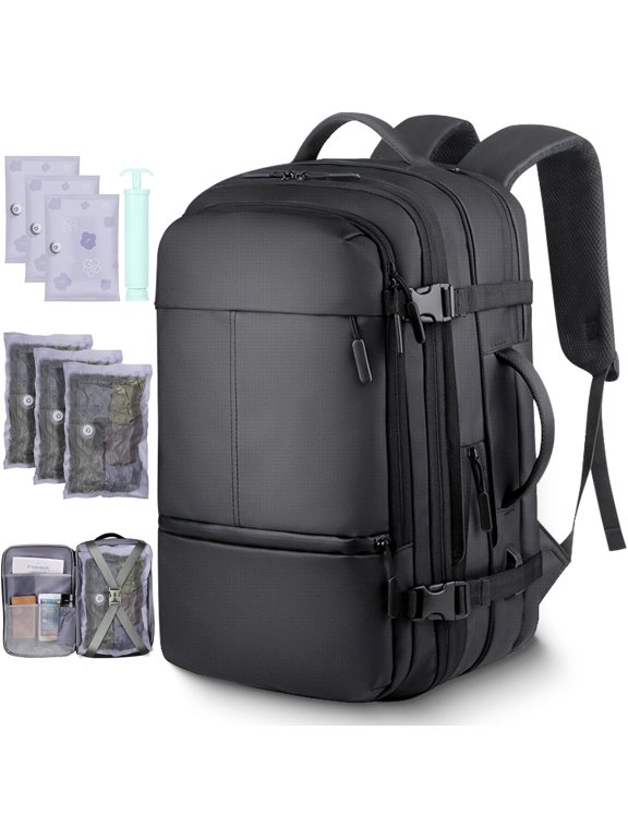 Vacuum Backpack Travel-Expandable Vacpack Backpack with 3 Compression Bags and Manual Pump, & Laptop Compartment(Fits 17"), Carry- Luggage Backpacks for Flight/Business, Black