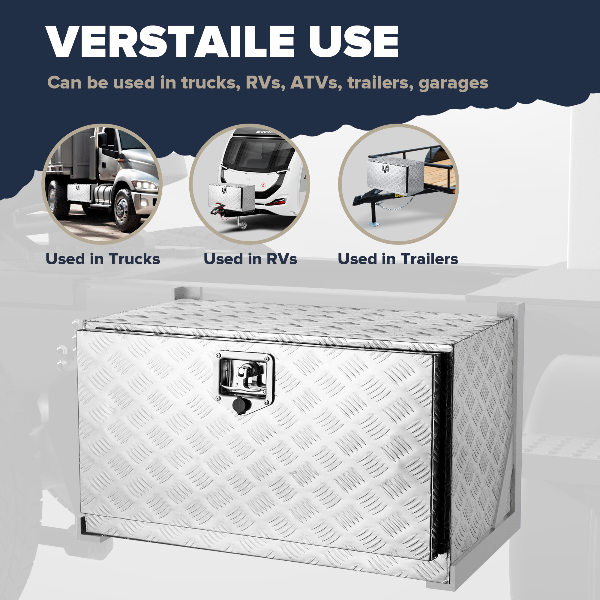 ARKSEN 30" Aluminum Truck Underbody ToolBox w/ T-Handle Latch Durable Pickup Trailer Storage Organizer Tool Box Key Lock, Silver