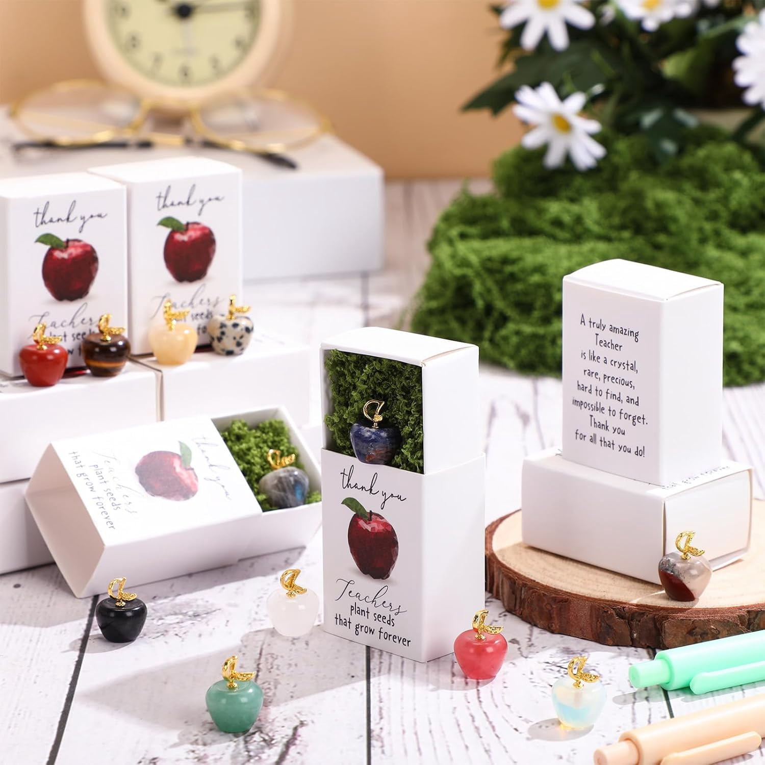 12 Sets Teacher Appreciation Gifts Bulk, Mini Crystal Apple Stone Desk Decor with Matchbox and Green Moss, Thank You Paperweight for Women Men (12 Pcs)