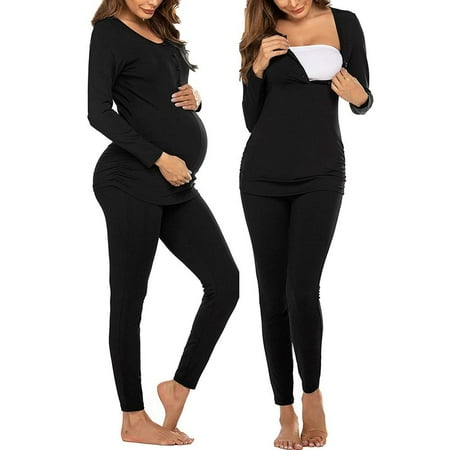 

Women s Maternity Nursing Pajama Set Breastfeeding Sleepwear Set Double Layer Short Sleeve Top & Pants Pregnancy PJS