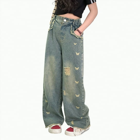 TOWED22 Kids Girls Wide Leg Cargo Jeans High Elastic Waist Denim Pants Straight Printing Pocket Comfortable(Blue,9-10 Y)