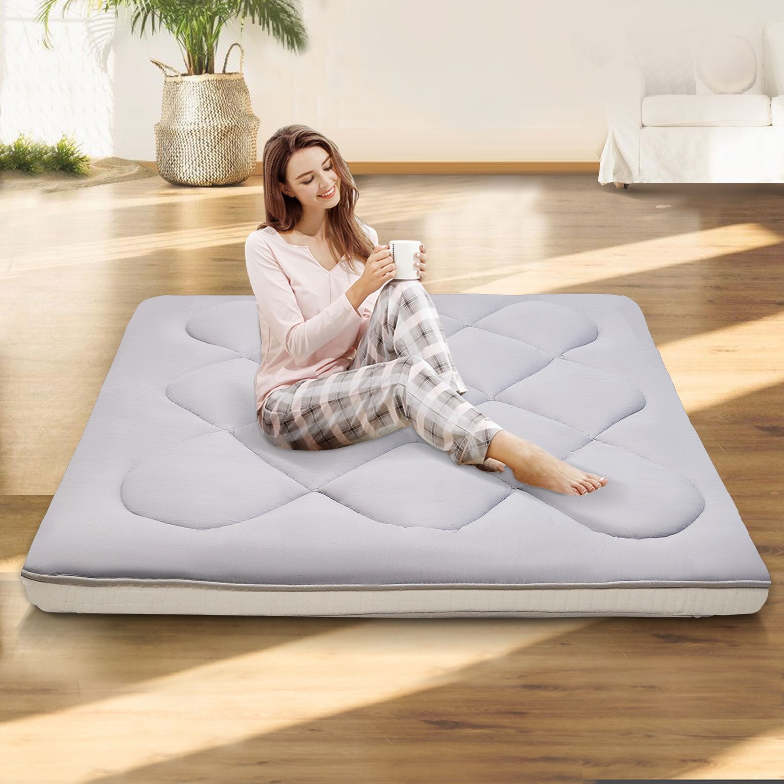 ABORON Japanese Floor Mattress Futon Mattress Queen Size, Thicken Tatami Mat Sleeping Pad Foldable Roll Up Mattress Gray