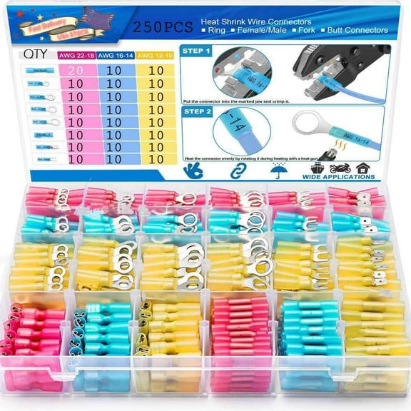 250Pcs Waterproof Heat Shrink Butt Wire Connectors Spade Ring Fork Terminals kit