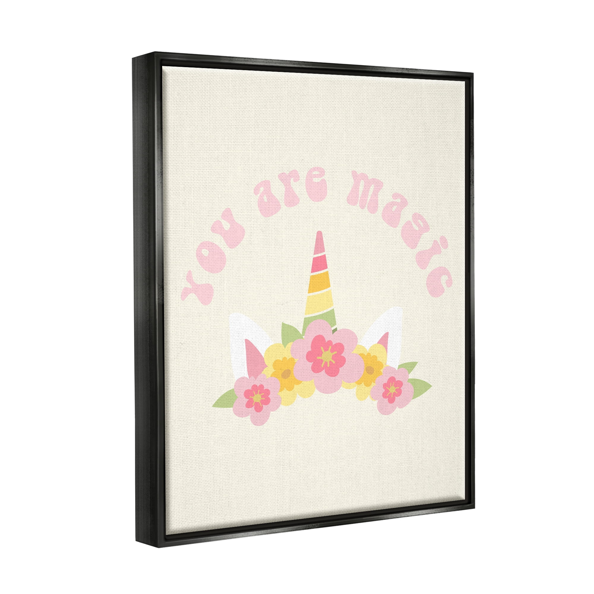 Stupell Industries Retro Magic Unicorn Phrase Fairy Tales & Fantasy Painting Black Floater Framed Canvas Art Print Wall Art, 17 x 21