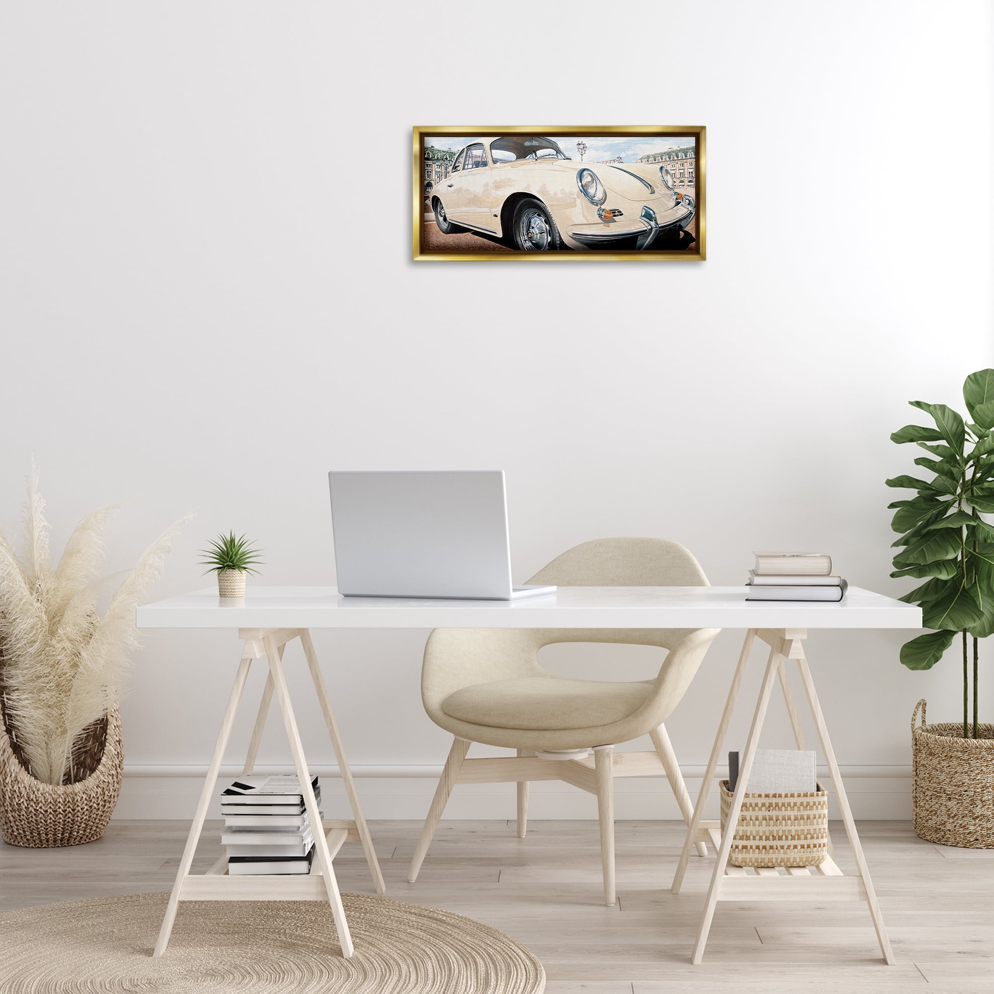 Stupell Industries Vintage Ivory Car Transportation Painting Gold Floater Framed Canvas Art Print Wall Art, 25 x 11