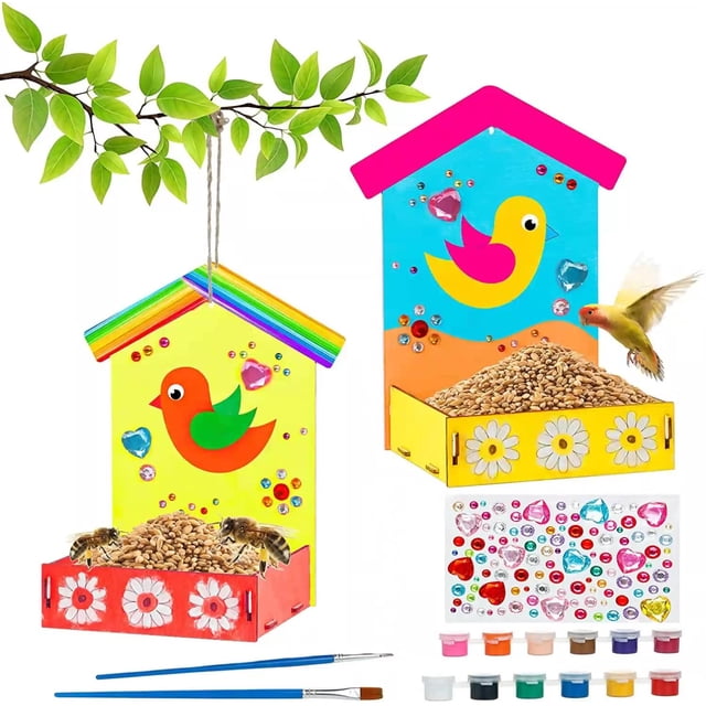 Outdoor DIY Wooden Bird Feeder Paint Kit | Arts & Crafts Flower-Shaped Tray | Includes 3 Feeders, 12 Mini Paints, Ropes, Sticker | 5.8 Inch | Hanging Art Project | Gift Set