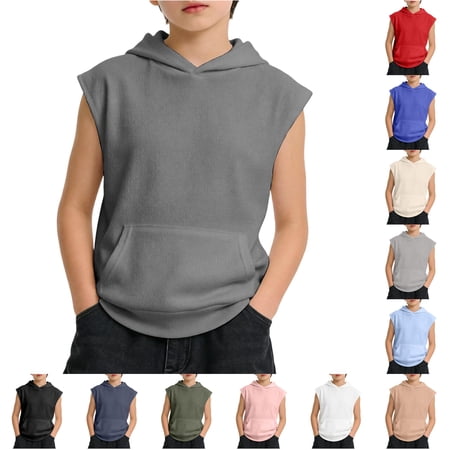 CUZIBR Boys Tops Solid Color Tank Undershirt Hoodie Sleeveless Tank Top Kids Athletic Workout Hooded Shirts Muscle Lightweight Breathable Basic T Shirt Tee Dailywear Dark Gray 5-6 Years