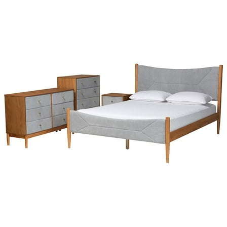 Baxton Studio Taylin Gray Corduroy and Oak Brown Wood Queen 4-Piece Bedroom Set