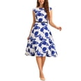 thumbnail image 2 of INSPIRE CHIC Vestido Midi Vintage de los 50 para Mujer con Cuello Barco, Mangas Cortas y Cinturón, Floral, Blanco y Azul, 2 of 6