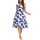 thumbnail image 2 of INSPIRE CHIC Vestido Midi Vintage de los 50 para Mujer con Cuello Barco, Mangas Cortas y Cinturón, Floral, Blanco y Azul, 2 of 6