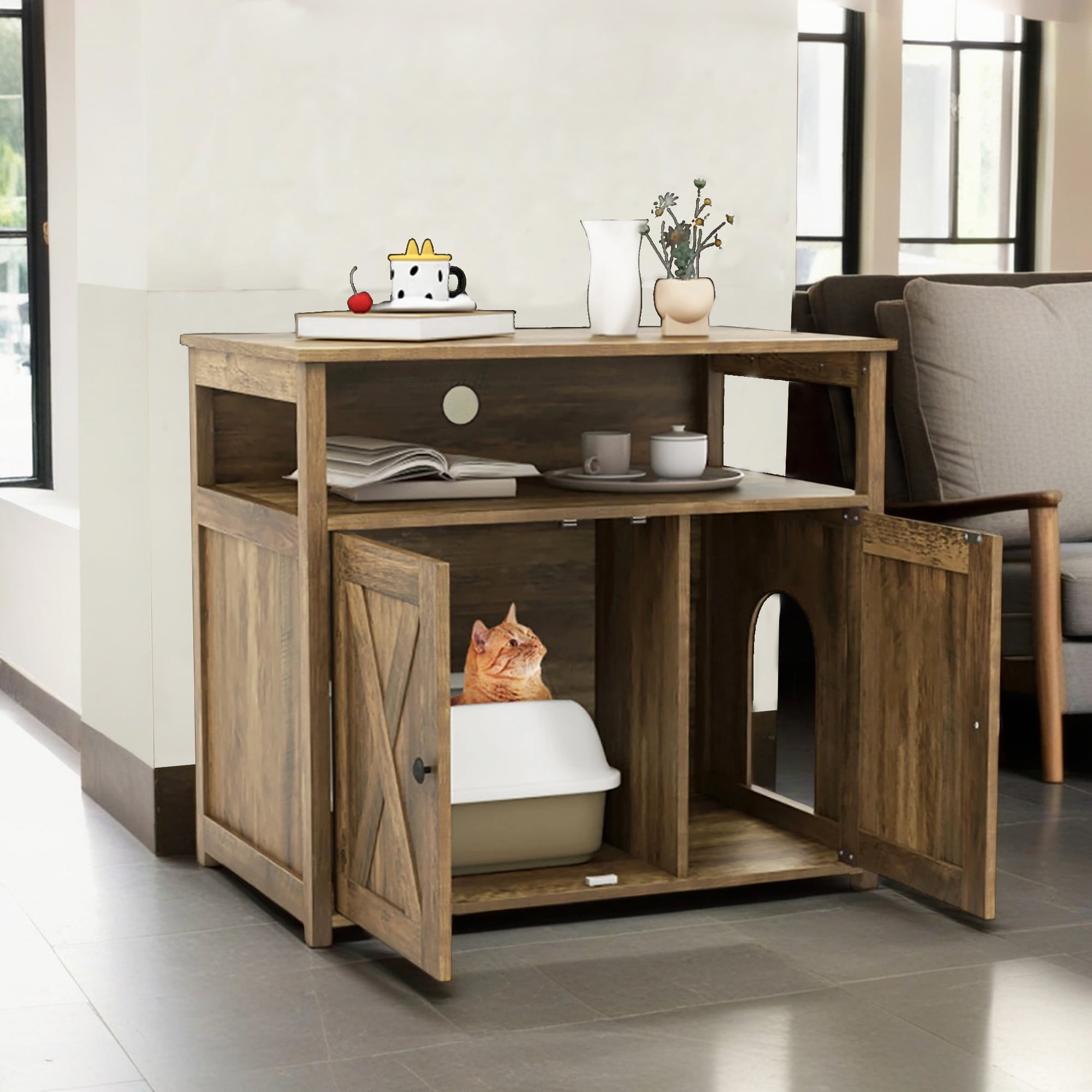 Pefilos 31.5" Cat Litter Box Enclosure, Hidden Cat Litter Box Furniture with Double Barn Doors Divider, Hidden Cat House Washroom with Storage Shelf, Brown